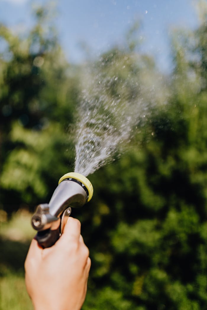 gallery-03 Close-up of hand holding a hose, spraying water with green background. Perfect for garden and outdoor concepts.
